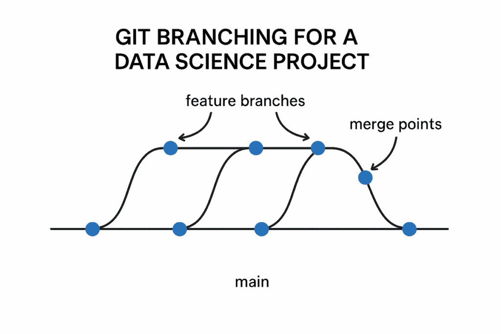 Git branching strategy diagram showing feature branches and main branch for data science projects